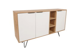 Hanah Home Consola Roble, Blanco. Fabricada 100% en tablero de partículas revestido de melamina con patas metálicas. Medidas: 142x83x35.6 cm.